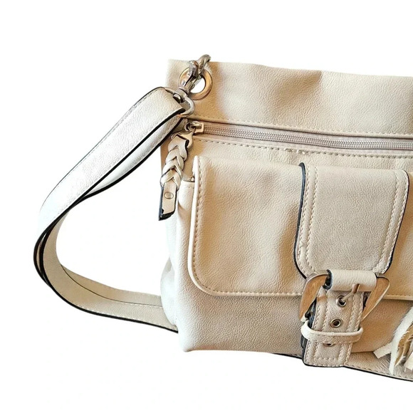 Naturalizer Zipper Pocket Cream Leather Messenger  Crossbody Bag - Picture 6 of 12